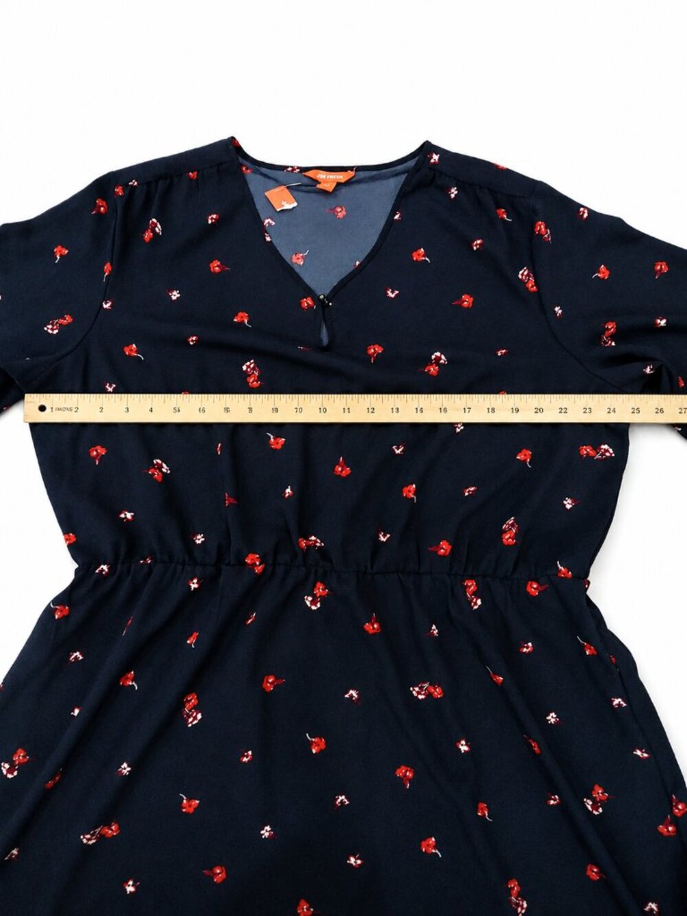 Joe Fresh+ Empire Waist Floral Dress 2X Navy Blue Long Sleeve V-Neck Cherry - Picture 3 of 5